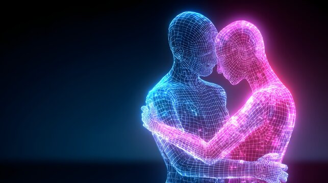 Two glowing wireframe humanoid figures embracing intimately in dark digital space