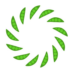 Round wreath with cute flat green peas isolated on white background. Circle frame with vegetables.