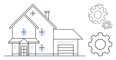 Contemporary house with windows, garage, chimney, and nearby rotating mechanical gears. Ideal for smart technology, home automation, innovation, engineering, efficiency real estate and modern