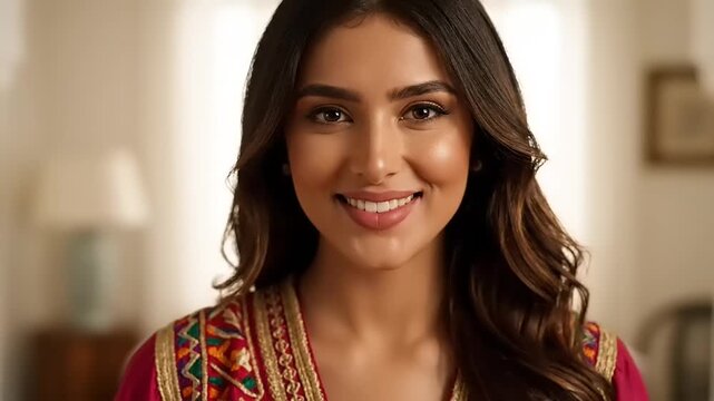 Close-up portrait of a beautiful young South Asian woman smiling genuinely at the camera