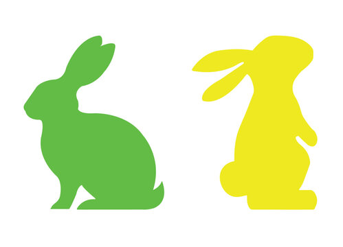 Cute spring Easter bunnies shapes colorful vector illustration. Simple icons of a rabbit hopping, sitting, jumping, rearing on hind legs. Easter bunny rabbit silhouettes. 