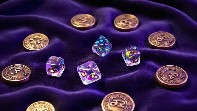 Fantasy Game Still Life: Transparent Dice and Bronze Coins on Purple Velvet, Role Playing Game, Tabletop Gaming, High Angle View