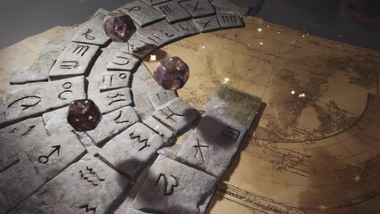 Ancient Runestones and Polyhedral Dice on a Vintage World Map, Fantasy Roleplaying Game Elements, Mystical Divination Tools - Powered by Adobe