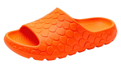 Bright orange casual slide sandal with textured design on white background, comfortable footwear, single object, simple studio product shot