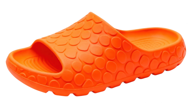 Bright orange casual slide sandal with textured design on white background, comfortable footwear, single object, simple studio product shot