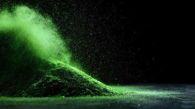 Vivid green pigment powder creating a dynamic cloud against a dark background