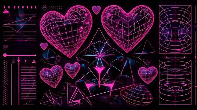Geometry wireframe shapes and grids in neon pink color. 3D hearts, abstract backgrounds, patterns, cyberpunk elements in trendy psychedelic rave style. 00s Y2k retro futuristic aesthetic. 