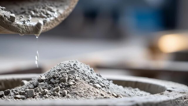 A cement mixer is pouring a white substance into a container. The substance is likely concrete, which is used for building and construction purposes. Concept of industriousness and progress