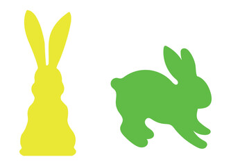Cute spring Easter bunnies shapes colorful vector illustration. Simple icons of a rabbit hopping, sitting, jumping, rearing on hind legs. Easter bunny rabbit silhouettes. 