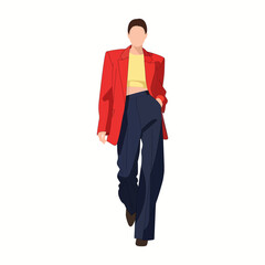 Fashionable woman in red blazer and blue pants