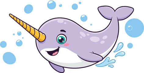 Cartoon narwhal character, friendly marine animal, smiling ocean creature, underwater bubbles design, sea wildlife illustration, cute vector art, children education theme