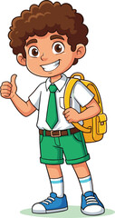 Cartoon school boy character, cheerful student illustration, thumbs up gesture, uniform outfit, backpack accessory, education concept, vector art, children design