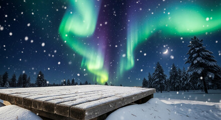 Snowy wooden platform against aurora borealis in night sky, showing natural spectacle and winter's wonder, perfect for landscape or travel concepts