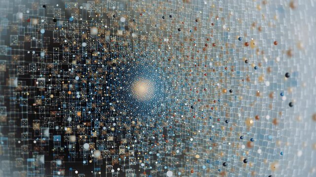 Geometric spiral of glowing data points and grid elements forming a digital vortex complexity information flow and artificial intelligence AI generated
