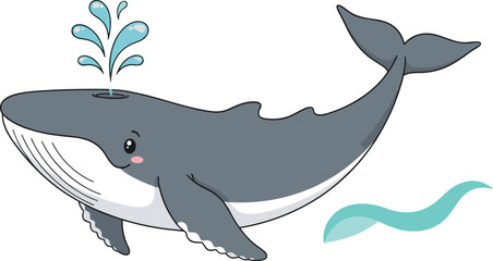 Cartoon whale character, friendly marine animal, smiling ocean creature, water spout design, sea wildlife illustration, cute vector art, children education theme