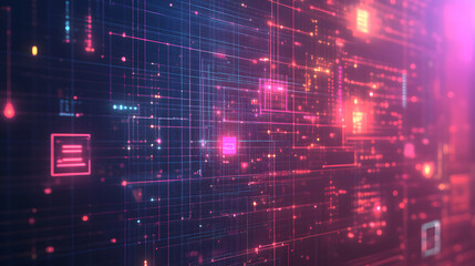 A vivid image showing a digital network structure filled with bright and colorful elements representing modern technology.