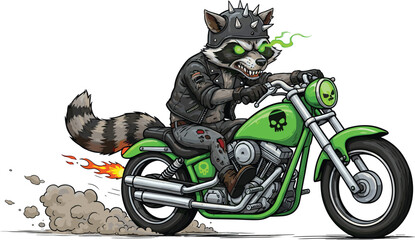 Raccoon biker mascot, punk animal character, riding motorcycle illustration, rebellious cartoon design, glowing eyes artwork, edgy vector concept, action scene © IconicCreations