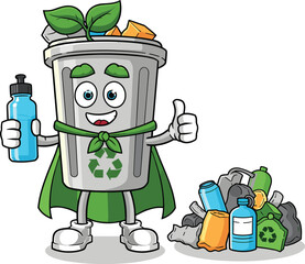 Recycling superhero mascot, cartoon trash can character, eco-friendly illustration design, environmental awareness artwork, playful green vector concept, sustainability theme