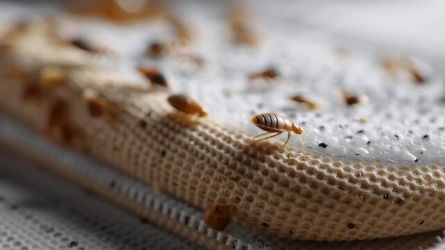 A group of bed bugs are crawling on a piece of bread. The bugs are small and brown, and they are scattered all over the bread. The scene is somewhat creepy and unsettling