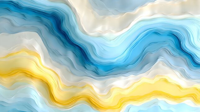 Flowing abstract bands of vibrant blue and sunny yellow create dynamic layers across a pale background