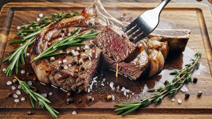 Grilled steak cut on cutting board, emphasizing casual meal preparation and satisfaction, perfect for cooking show backgrounds, restaurant advertisements, or food related commercial use cases.