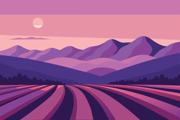 Lavender Field Landscape with Sunset in Mountain Valley Serene Nature Scene with Purple Hues and Minimalist Design for Web Banners