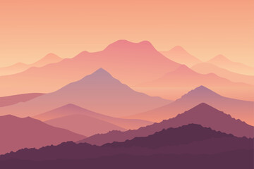 Mountain Landscape Layers Illustration Sunrise Scenery Graphic Design Background Scene Vector Silhouette Outdoors Nature