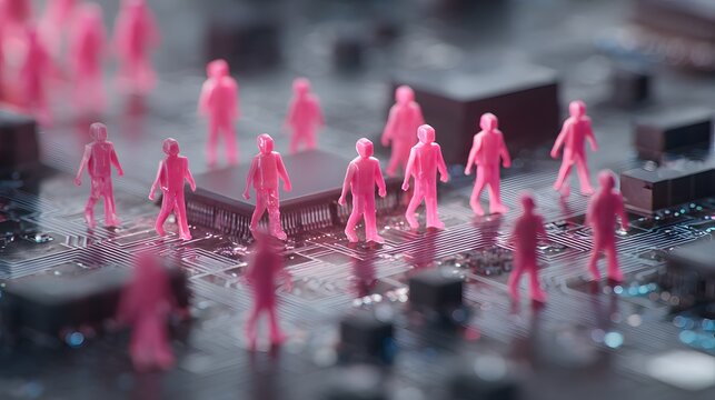 Numerous miniature pink human figures stand across the surface of a complex electronic circuit board