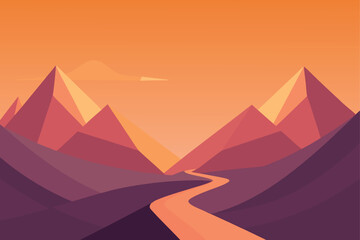 Dramatic Mountain Landscape Vector Illustration: Serene Wilderness Trail at Dusk, Colorful Horizon Scenery, Scenic Route to Adventure, Abstract Design