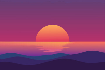 Serene Ocean Sunset Vector Illustration: Tranquil Sea Horizon, Minimalist Gradient Seascape, Coastal Relaxation, Evening Water View, Nature Art