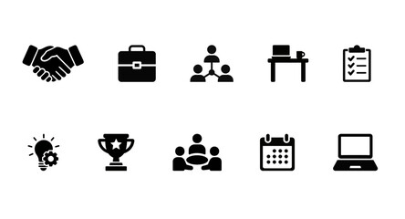 Business management and teamwork icons representing leadership planning communication goals and productivity office concepts