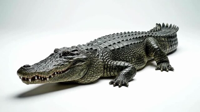 A hyper-realistic video of an alligator resting on a clean white background. Detailed rough skin, long snout, and muscular tail.