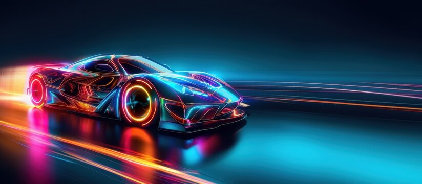 A futuristic sports car with neon lights in motion. The car features vibrant colors and sleek design, set against a dark background.