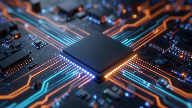 Circuit Board Close-Up High-Tech Microchip with Intricate Pathways
