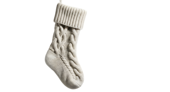 Cozy knitted christmas stocking with cable knit pattern isolated on transparent background