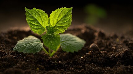 Young green sprout emerges from rich, dark soil illuminated by soft backlighting
