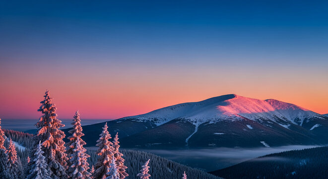 Scenic mountain landscape with snow-covered trees under colorful sky, representing winter, nature beauty, and tranquility, perfect for scenic content - Powered by Adobe