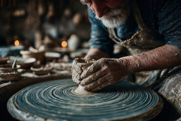 Close-up of an elderly craftsman's hands skillfully shaping wet clay on a spinning potter's wheel in a rustic studio. Traditional pottery art.