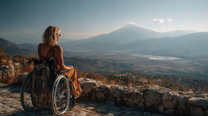 Woman in wheelchair overlooks a vast mountain landscape from a scenic viewpoint. Enjoying nature's beauty and freedom, promoting accessible travel and independence.