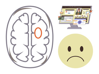 Brain cross-section with marked region, computer screen showing charts and research data, and sad emotion. Ideal for mental research, healthcare, technology, neuroscience, mood, diagnostics