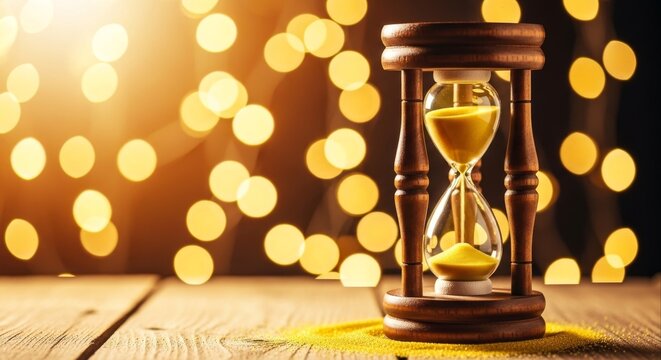 Vintage wooden hourglass with flowing sand against a warm golden bokeh background 1.