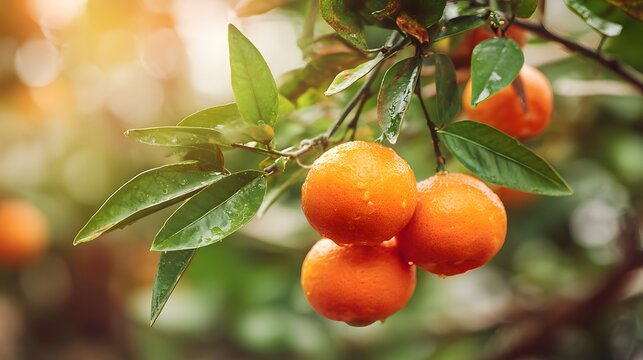 Ripening citrus fruits hang heavily on a branch covered with glossy green leaves touched by sunlight
