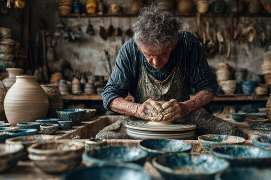 A focused senior potter skillfully shaping wet clay on a spinning pottery wheel. His hands are covered in mud, creating handmade ceramics in a rustic workshop setting.