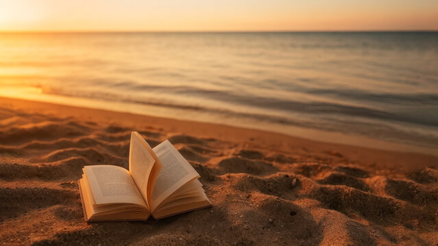 Open Book on Sandy Beach at Sunset - Powered by Adobe