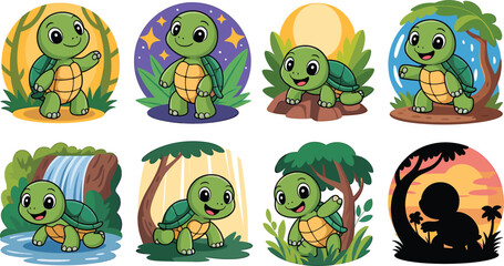 Obraz premium Charming Cartoon Turtle Characters in Diverse Natural Environments and Silhouettes Keywords: turtle, tortoise, cartoon, cute, kawaii, character, illustration, drawing, reptile, animal, nature