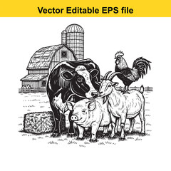 Farm animals including cow, pig, goat, and rooster in front of a barn and silo, vector illustration