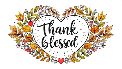 A heart-shaped wreath of autumn leaves and berries surrounds the words "Thank Blessed" in elegant cursive script