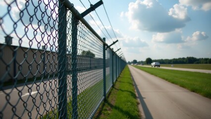 A chain link fence runs parallel to a road, providing a sense of separation or enclosure