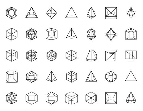A collection of various geometrical 3D shapes, presented as line drawings in a grid format against a white backdrop