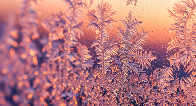 Close-up of icy fractal patterns on a window, creating a delicate and intricate design, representing winter's beauty and the ephemeral nature of ice crystal